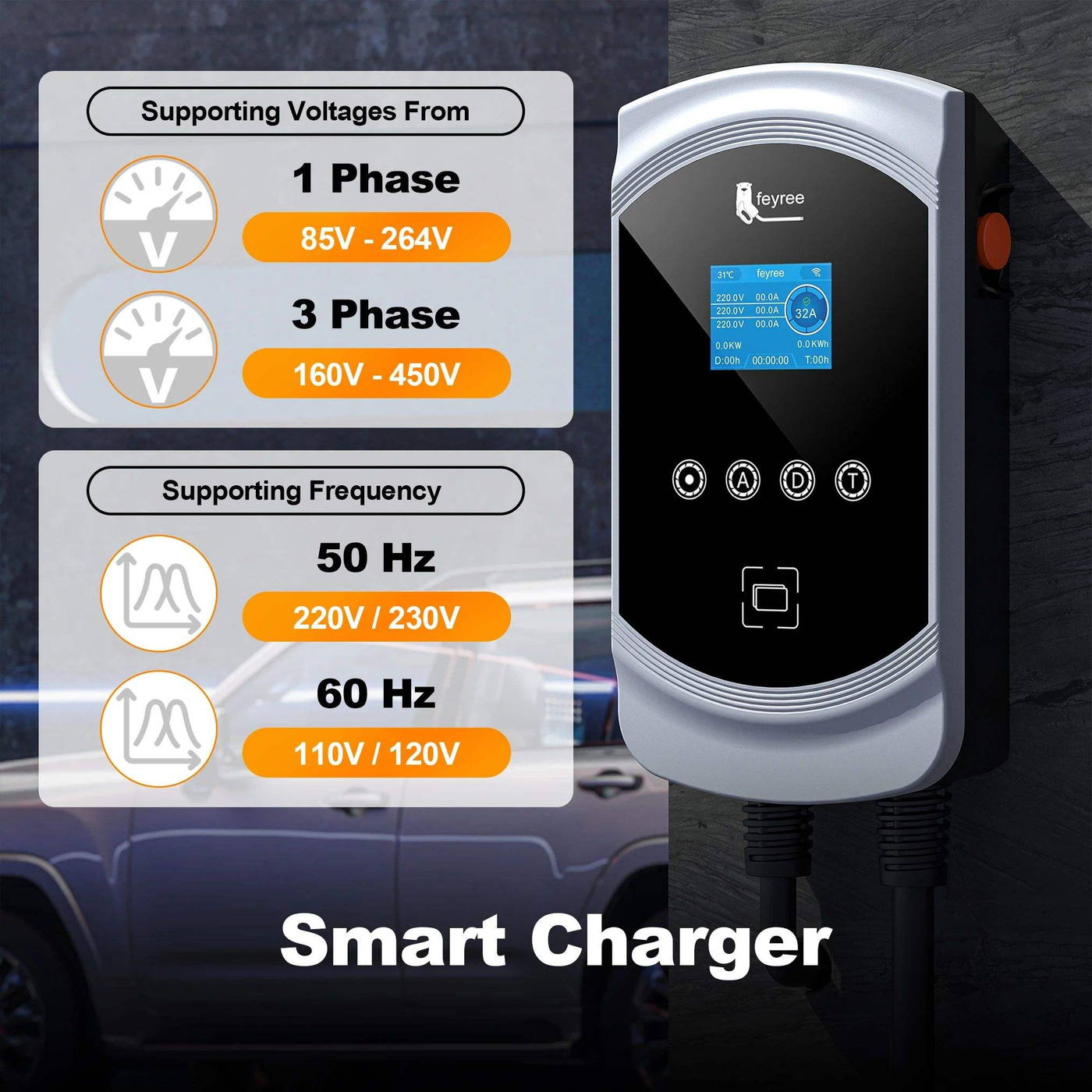Настенное зарядное устройство AC для электромобилей, 22 kW · Type 2 · 5 m (Customizable)