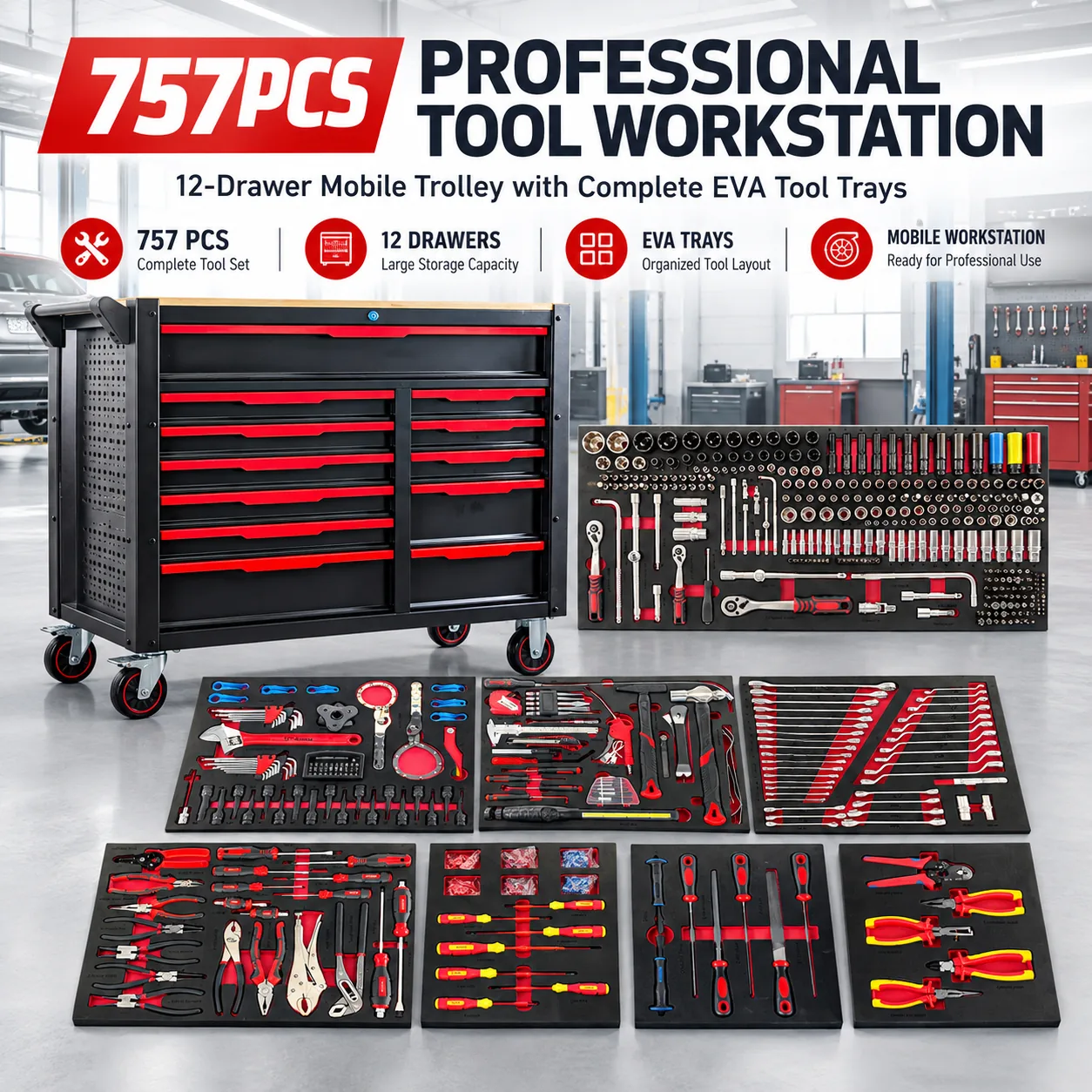 TC-757+12DTC 12-Drawer Mobile Tool Trolley, 757 Pieces